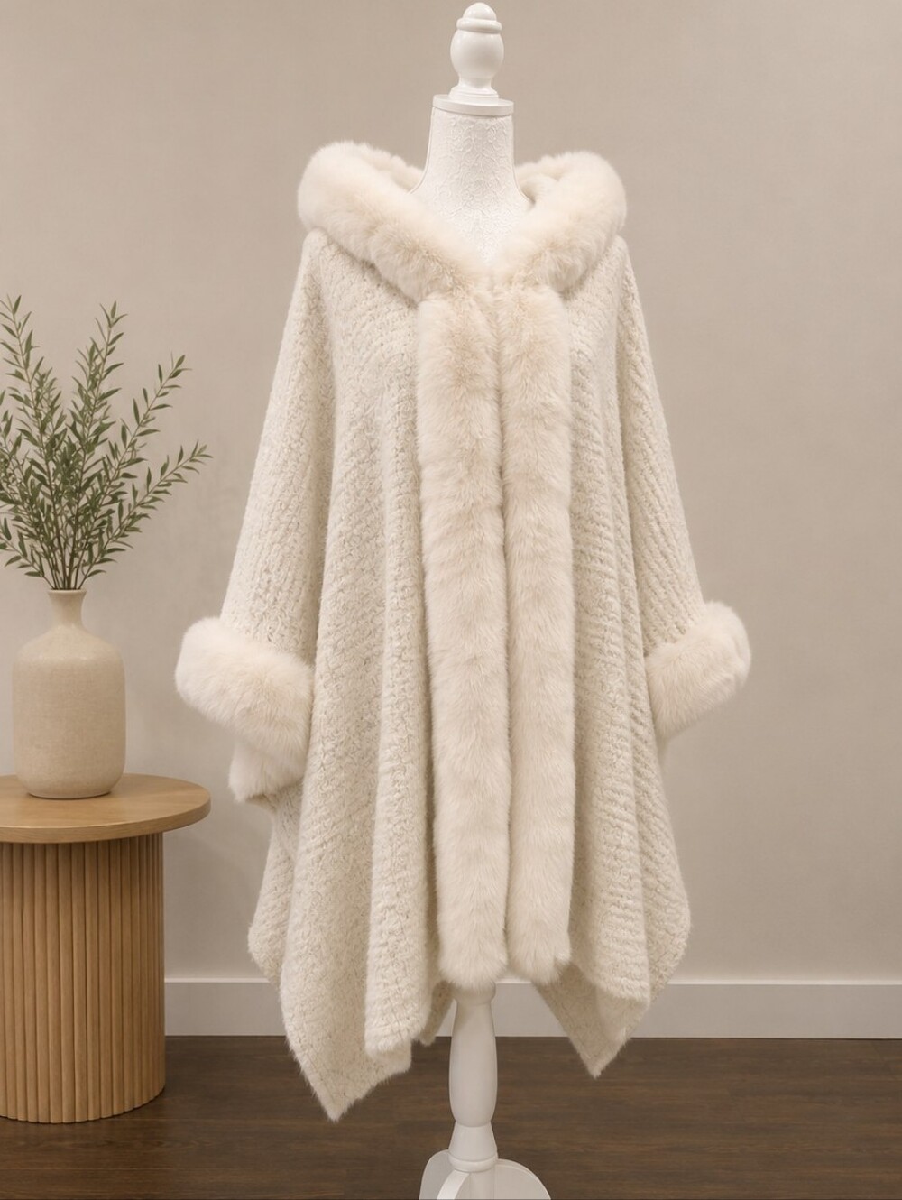 Cream Faux-Fur Trim Hooded Cape